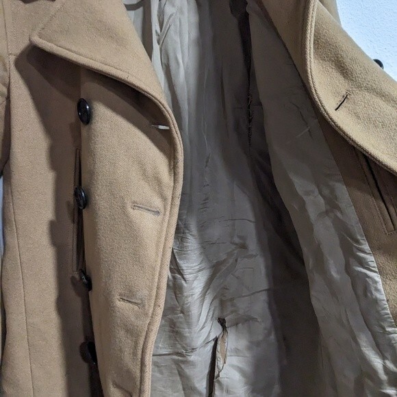 J Crew Wool Blend Double Breasted Pea Coat, Camel Women's Small - LINING TORN - Picture 9 of 16